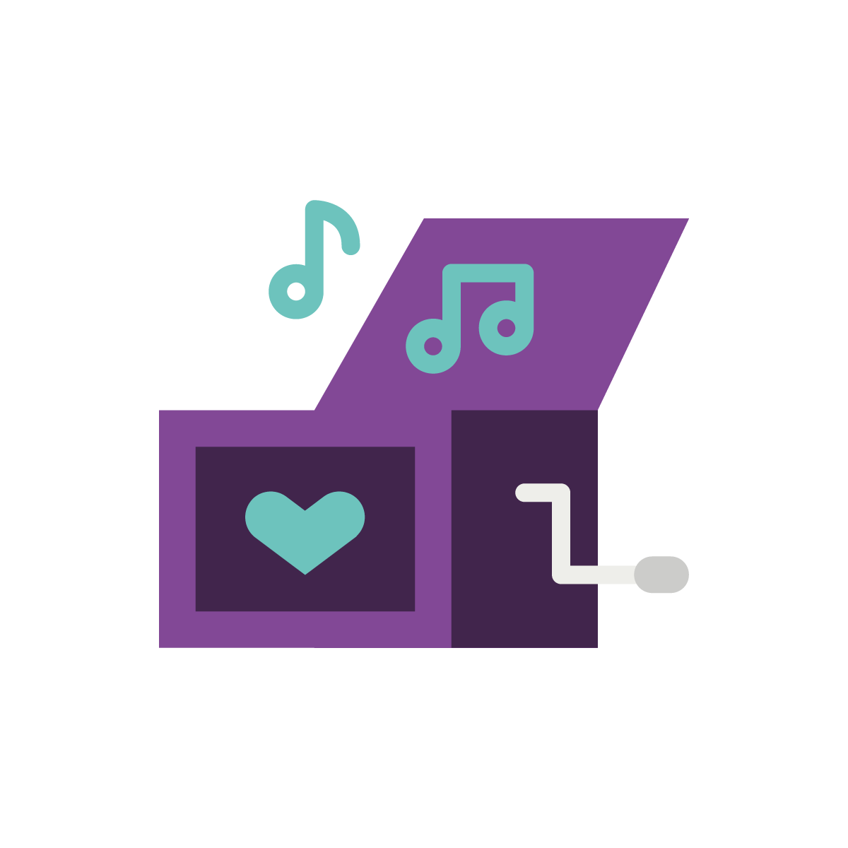 Ein Icon für den Babygarten. Es zeigt eine stilisierte, lila Spieluhr mit einem türkisen Herz. Aus der geöffneten Box steigen Musiknoten auf.