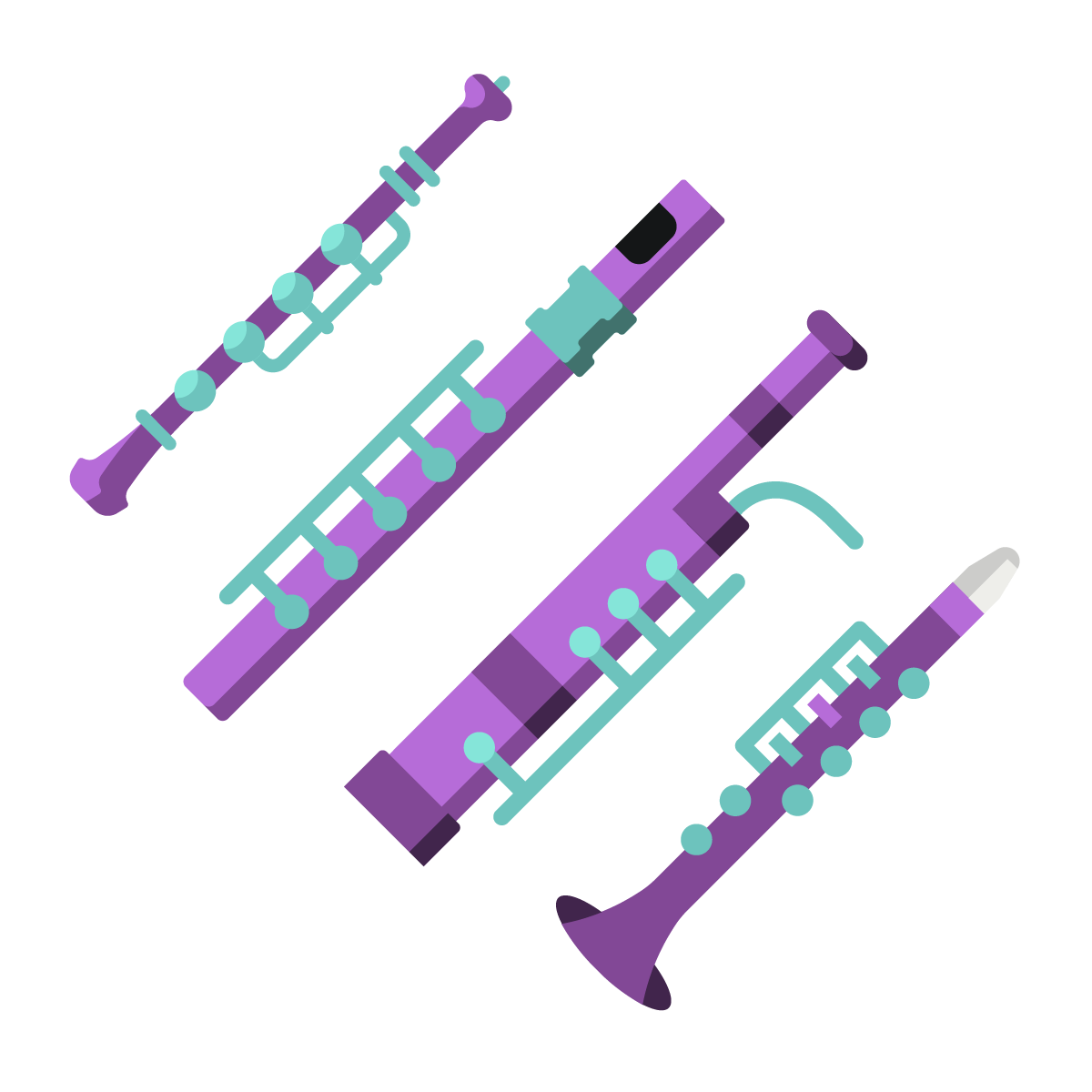 Ein stilisiertes Icon, das vier verschiedene, lila Holzblasinstrumente mit türkisen Klappen zeigt. Dargestellt sind unter anderem eine Klarinette, ein Fagott und eine Flöte.