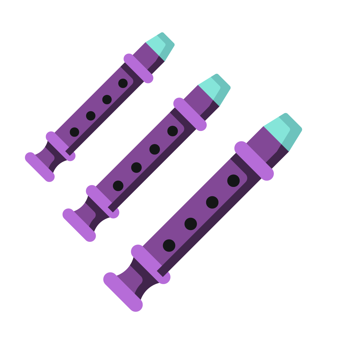 Ein stilisiertes Icon, das drei lila Blockflöten mit türkisfarbenen Mundstücken zeigt.