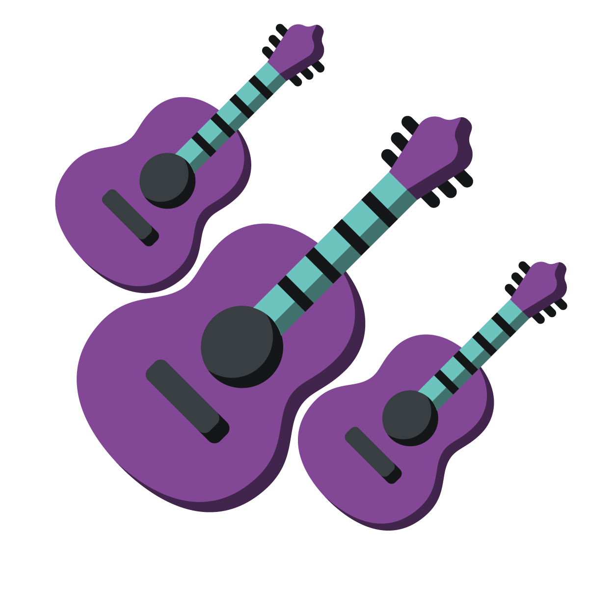 Ein stilisiertes Icon, das drei lila Akustikgitarren mit türkisfarbenen Gitarrenhälsen zeigt.