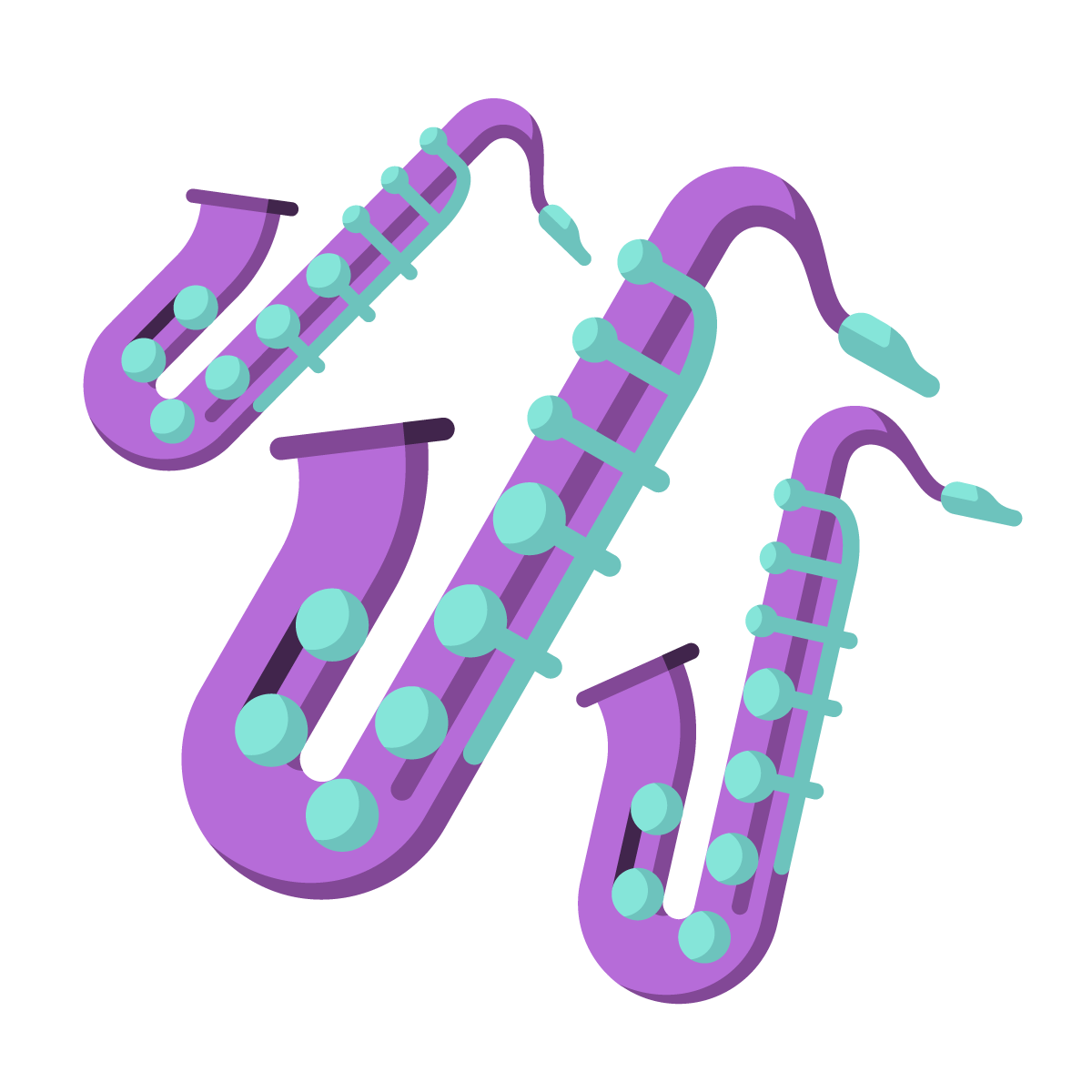 Ein stilisiertes Icon, das drei lila Saxofone in unterschiedlichen Größen mit türkisen Klappen zeigt.
