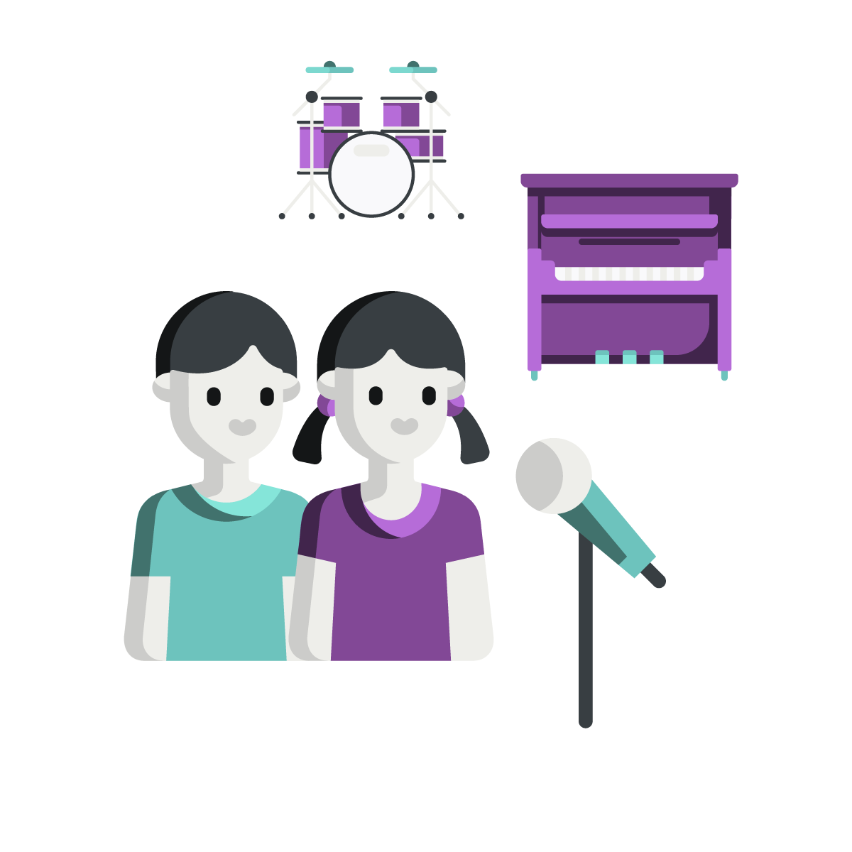 Icon für den Jazz-Chor-Unterricht: Es zeigt zwei stilisierte, singende Kinder sowie die Begleitinstrumente Klavier, Schlagzeug und ein Mikrofon.