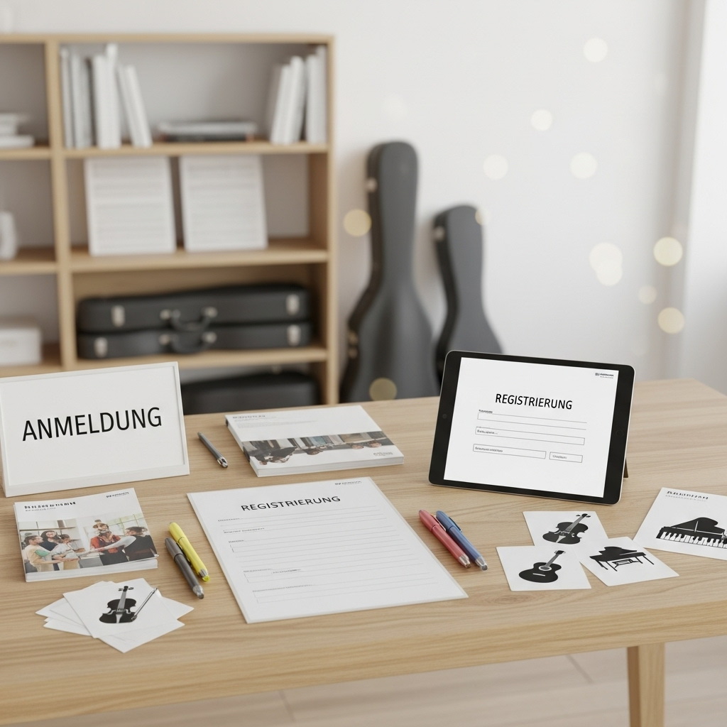 Ein Anmelde-Tisch für eine Musikschule. Auf dem Holztisch liegen Formulare, Broschüren und ein Tablet, die alle die Worte "Anmeldung" oder "Registrierung" zeigen. Im Hintergrund stehen unscharf Instrumentenkoffer und ein Regal.