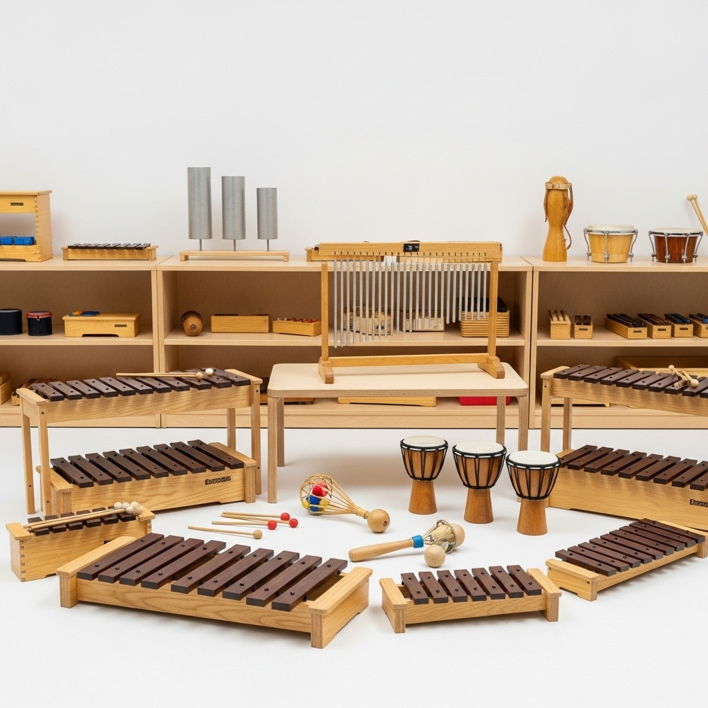 Eine große Auswahl an Instrumenten für die musikalische Früherziehung, die in einem hellen Raum auf dem Boden und in Regalen arrangiert sind. Zu sehen sind viele Orff-Instrumente wie Xylophone, Glockenspiele, kleine Trommeln und Rasseln.