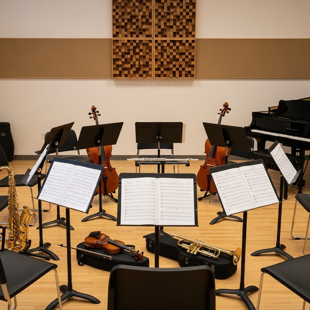 Ein leerer Proberaum, der für eine Ensembleprobe vorbereitet ist. Stühle und Notenständer mit aufgeschlagenen Noten stehen im Halbkreis. Verschiedene Instrumente wie Celli, Geige, Flöte, Trompete, Saxofon und ein Flügel sind im Raum verteilt.