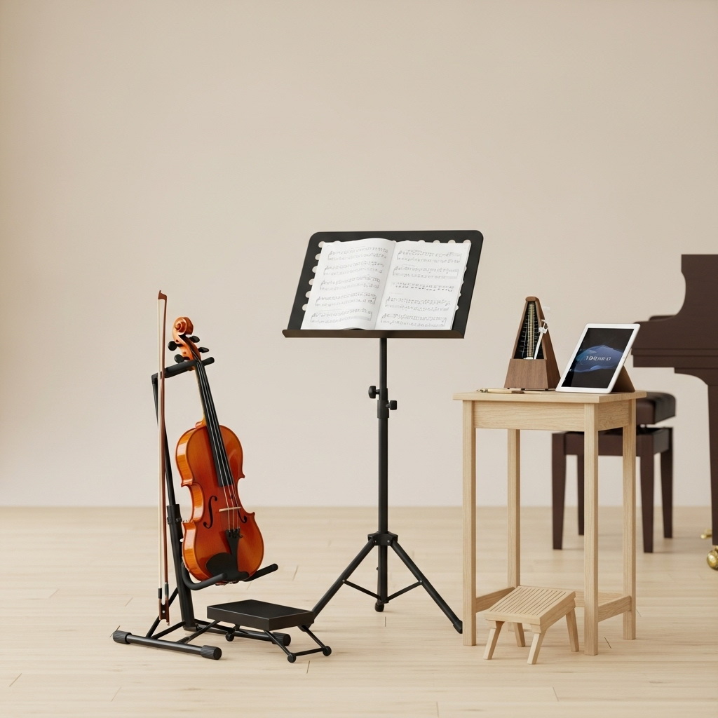 Ein Stillleben als Symbol für den Instrumentalunterricht. In einem hellen Raum stehen eine Geige auf einem Ständer, ein Notenpult mit Noten und ein Tischchen mit einem klassischen Metronom und einem Tablet. Im Hintergrund ist ein Flügel angedeutet.