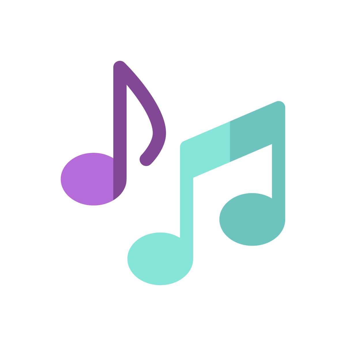 Ein Icon für den Musikschulgarten. Es zeigt zwei stilisierte, bunte Musiknoten in den Farben lila und türkis auf einem weißen, runden Hintergrund.