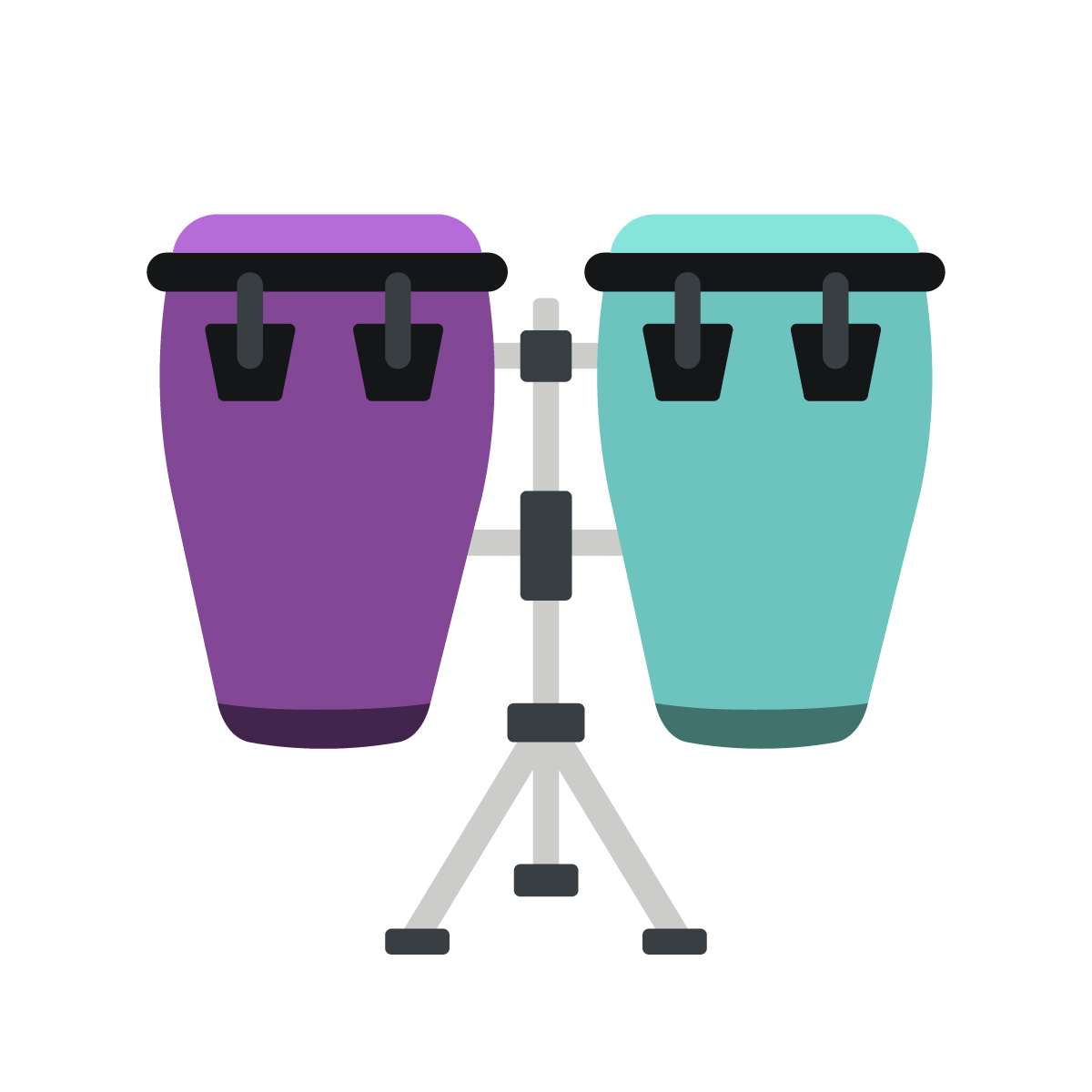Ein Icon für Percussions-Unterricht. Es zeigt zwei stilisierte, farbige Conga-Trommeln (eine lila, eine türkis), die auf einem Ständer montiert sind.