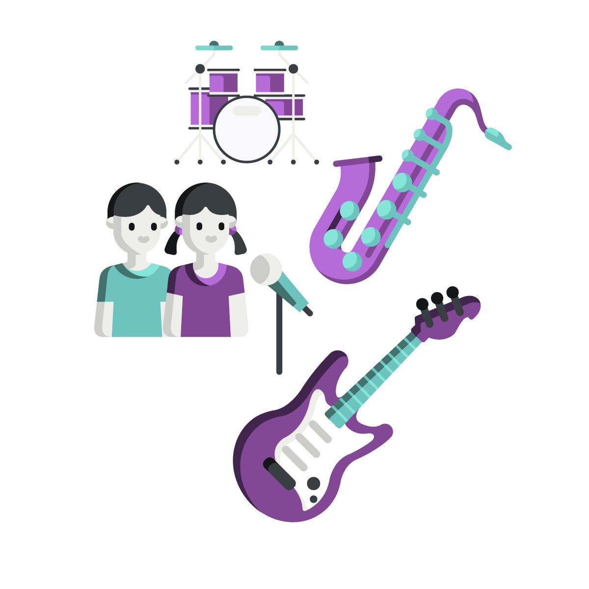 Icon für den Rockband-Unterricht: Es zeigt eine E-Gitarre, ein Schlagzeug, ein Saxofon, ein Mikrofon und zwei stilisierte Kinder.