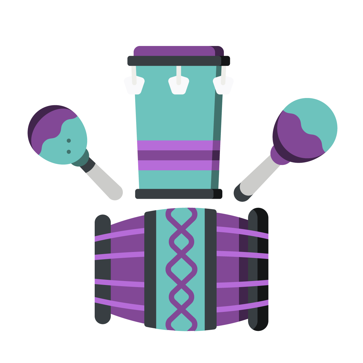 Stilisiertes Icon, das verschiedene Samba-Instrumente zeigt: eine Conga-Trommel, eine große Basstrommel und zwei Rasseln (Maracas).