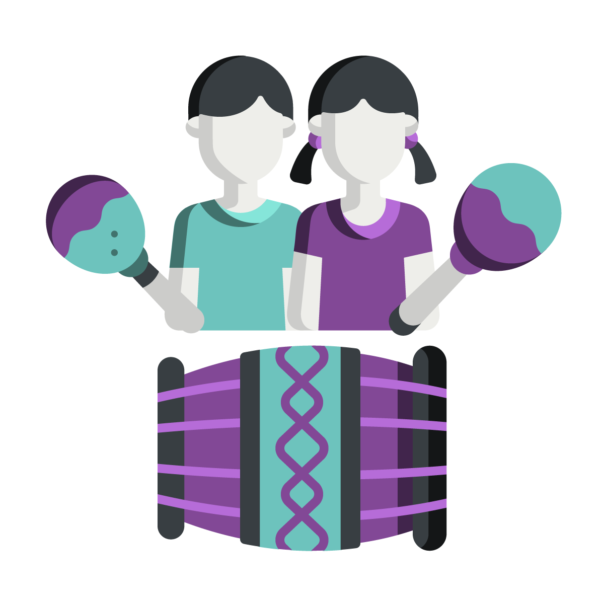 Ein Icon für Samba-Kids: Es zeigt zwei stilisierte Kinder mit Rasseln (Maracas) und eine große, bunte Samba-Trommel.