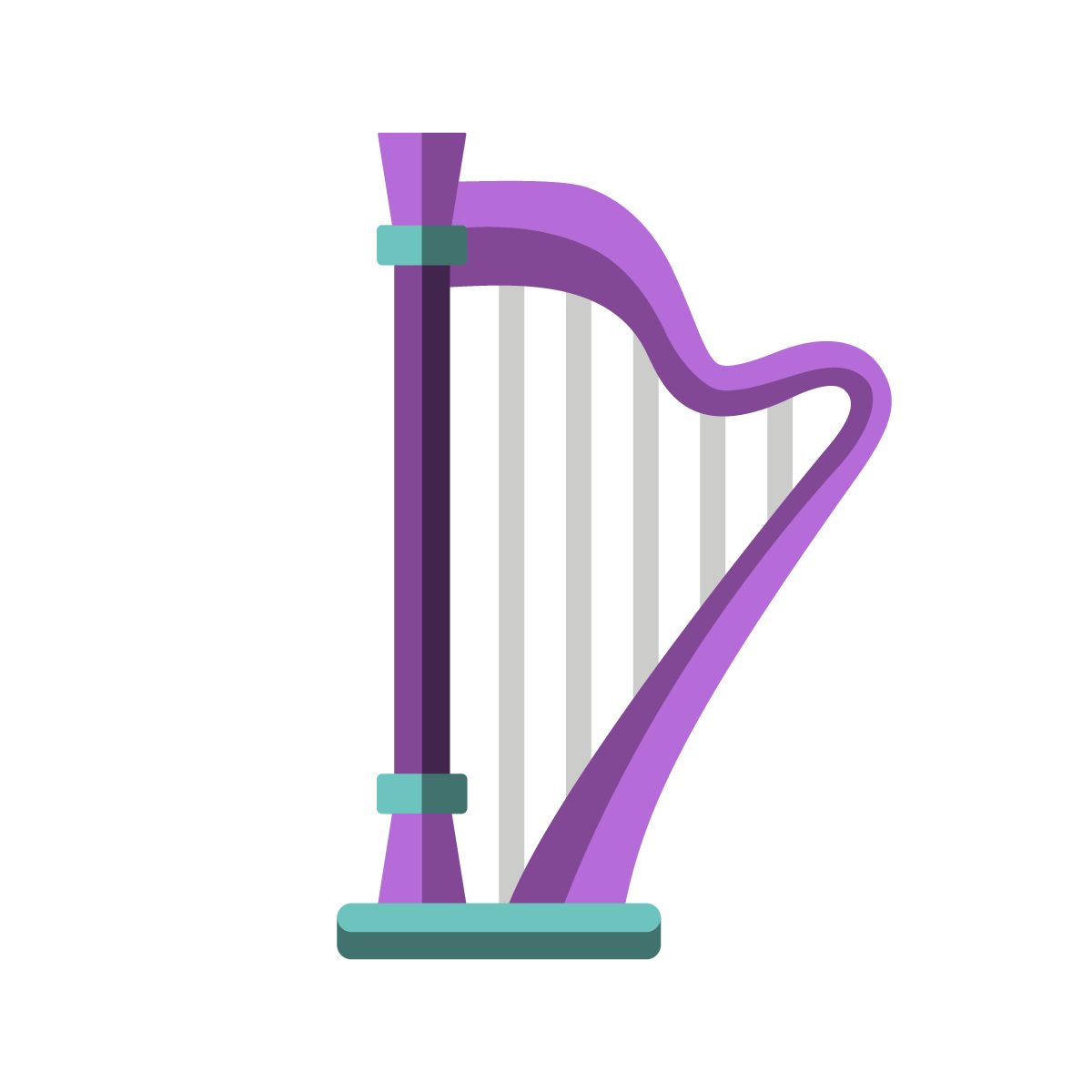 Ein stilisiertes Icon, das eine Harfe in den Farben lila und türkis zeigt.