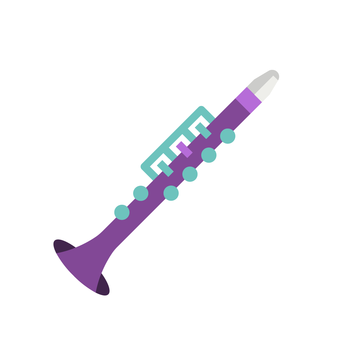 Ein stilisiertes Icon, das eine Klarinette in den Farben lila und türkis zeigt.