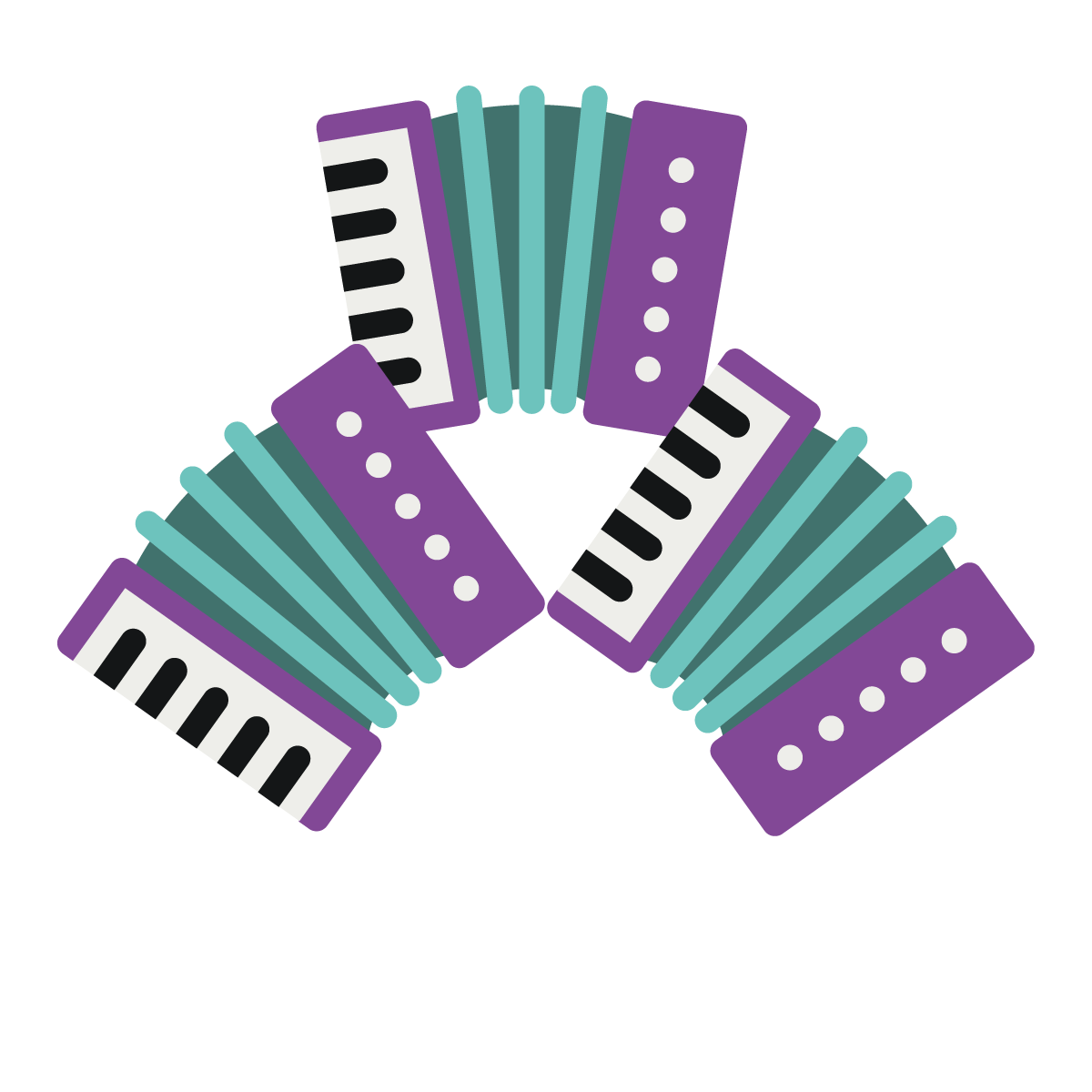 Ein stilisiertes Icon, das drei lila Akkordeons mit türkisfarbenem Balg zeigt, die in einem Kreis angeordnet sind.