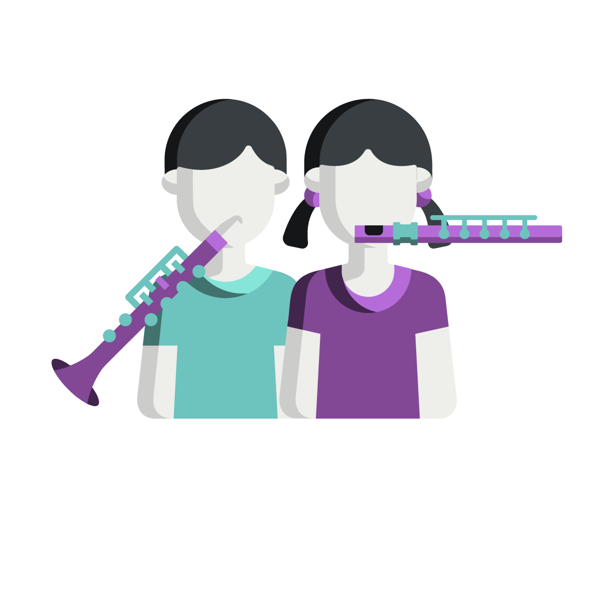 Icon für das Junge Bläserensemble: Zwei stilisierte Kinder spielen gemeinsam, eines auf einer Klarinette und das andere auf einer Querflöte.