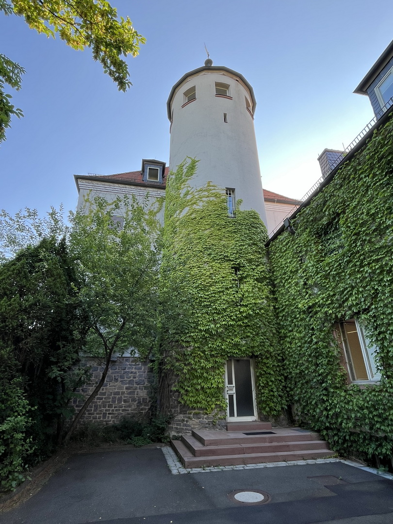 Städtische Musikschule Aschaffenburg Ein Blick von unten auf den runden Turm der Städtischen Musikschule Aschaffenburg. Die Wände des Gebäudes und der Turm sind dicht mit grünem Efeu bewachsen. Die Sonne scheint hell an einem klaren Himmel.