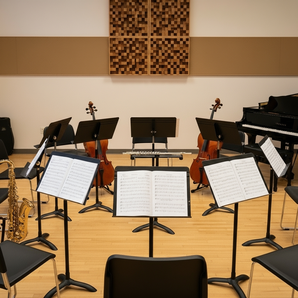 Proberaum für ein Ensemble-Orchester: Celli, Geige, Flöte, Trompete, Saxofon und ein Flügel.